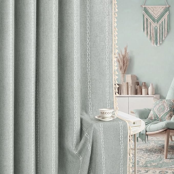 Teal Boho Blackout Curtains 2 Panels 84 Inch for Living Room Bedroom, Light Green Linen Texture Farmhouse Curtains with Tassels and White Cotton Embroidery Vintage Rustic Country Western