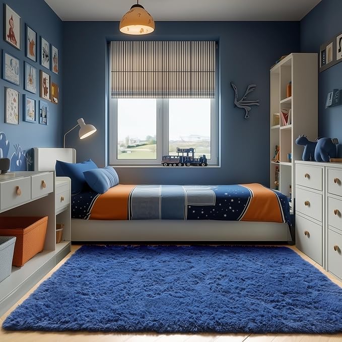 ONASAR Navy Area Rugs for Bedroom Living Room, 4x6 Blue Fluffy Indoor Bedside Floor Rug, Ultra Soft Plush Furry Fuzzy Shaggy Carpet for Nursery Kids Boys Teen Dorm Home Decor Aesthetic