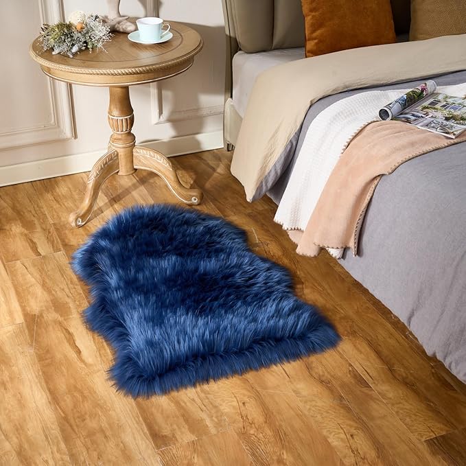 EasyJoy Ultra Soft Fluffy Shaggy Area Rug Faux Fur Rug Chair Cover Seat Pad Fuzzy Area Rug for Bedroom Floor Sofa Living Room (2 x 3 ft Sheepskin, Dark Blue)