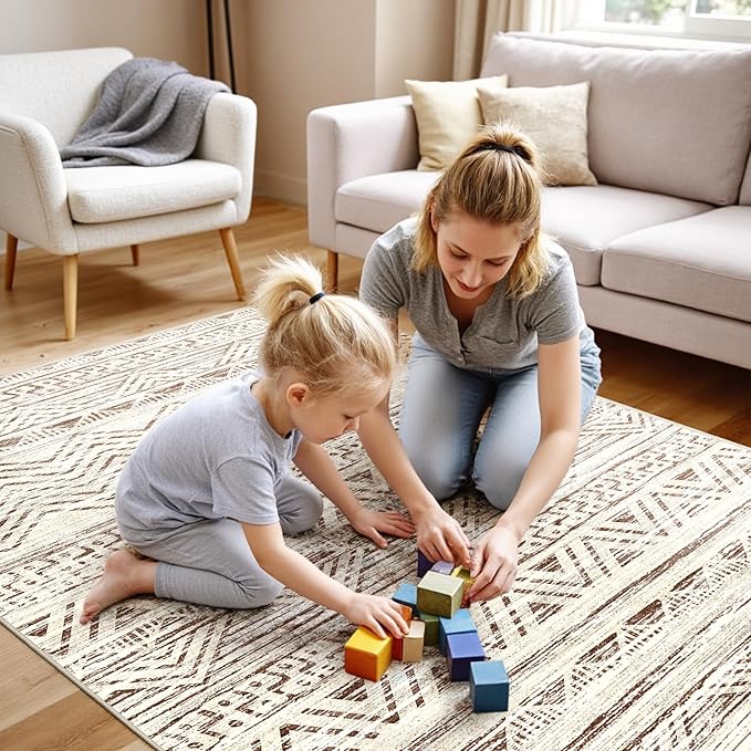 4x5 Washable Entryway Area Rug: Modern Moroccan Runner Rugs Indoor Soft Non Slip Door Mat for Living Room Low Pile Thin Floor Carpet for Kitchen Dining Room Bedroom Home Office Decor(4x5,Beige)