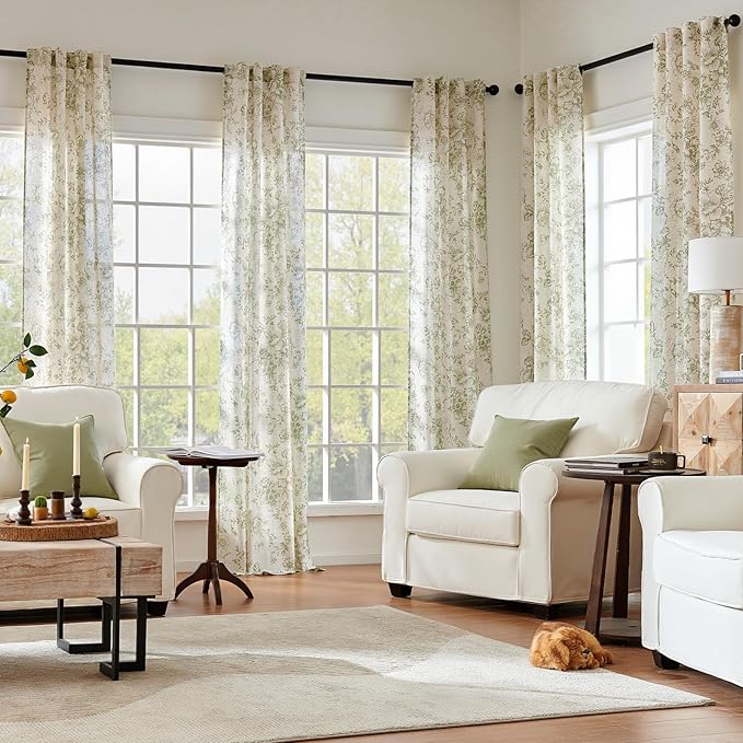 jinchan Linen Floral Curtains 84 Inch Length for Living Room Bedroom Light Filtering Farmhouse Peony Flower Drapes Rustic Window Curtain Set Rod Pocket Back Tab 2 Panels Green