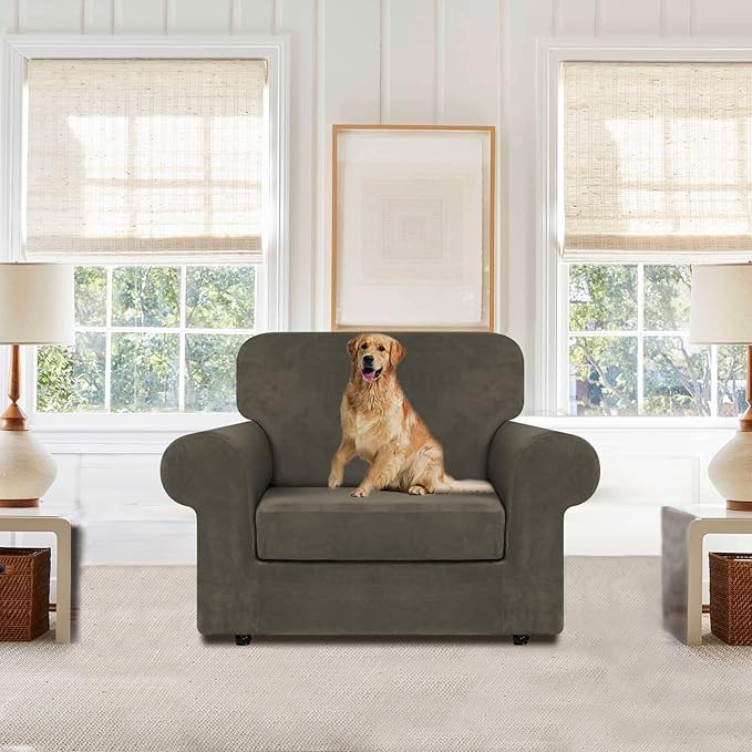 WEERRW Velvet Stretch Chair Sofa Slipcover - 2 Pieces Luxury Soft Velvet Plush Couch Cover Furniture Protector with Elastic Bottom for Pets, Machine Washable, Light Brown, Small
