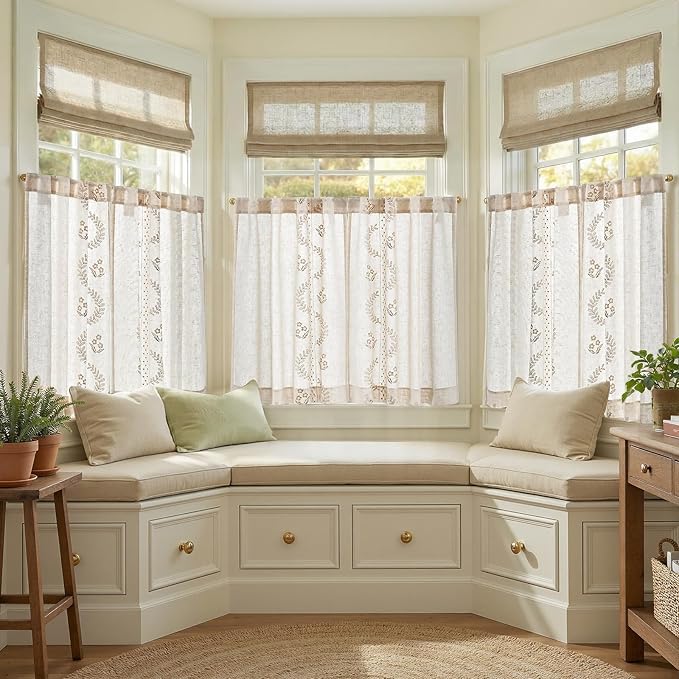 jinchan Belrose Linen Floral Kitchen Curtains 36 inch Length Embroidered Farmhouse Cafe Curtains for Living Room Bathroom Small Windows Curtain Set Sheer Light Filtering 2 Panels Beige