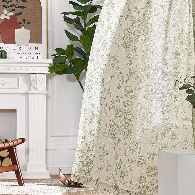 jinchan Linen Blend Floral Curtains for Living Room 108 Inch Length Farmhouse Printed Curtain Rod Pocket Back Tab Sage Green Peony Flower Patterned Drapes Bedroom Curtains Set 2 Panels
