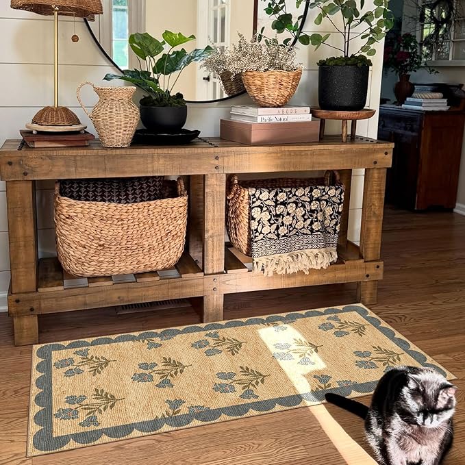 Front Door Mat Indoor Entrance - 2x4.3 Ft Blue Floral Washable Layered Doormat Outdoor Entrance Porch Rug Non-Slip Neutral Country Jute-Look Runner Rug for Kitchen Laundry Room Porch Decor