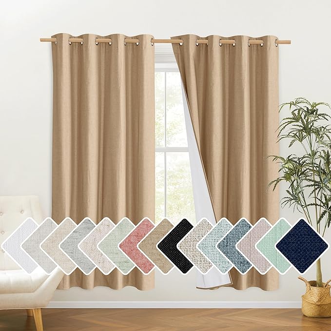 NICETOWN 100% Absolutely Blackout Linen Curtains with Thermal Insulated White Liner, Camel, W52 x L72, 2 Panels, Long Curtains 72 inch Length for Patio Door, Doorway, Office, Overnight Shiftworker