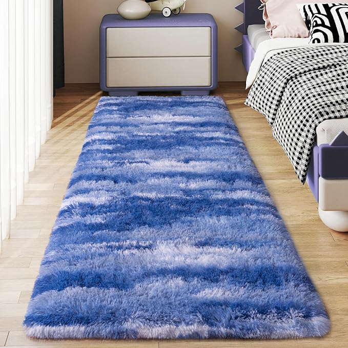 Soft Runner Rugs for Bedroom Hallways, 2x6 Abstract Blue White Fluffy Shag Throw Area Rug Non Slip for Bedside Dorm, Long Shaggy Furry Carpet for Nursery Living Room