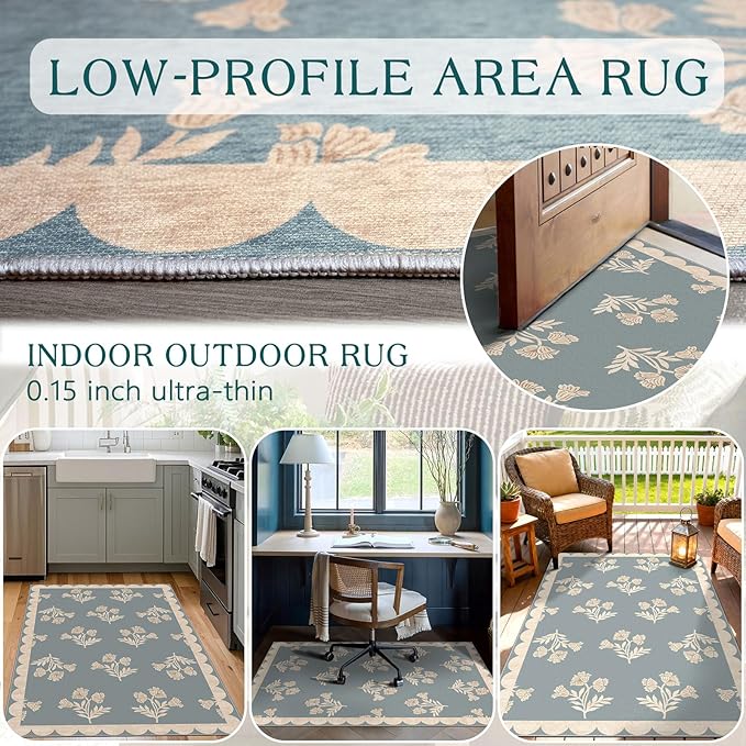 3x5 Floral Entry Rug - Small Washable Indoor Outdoor Mats for Front Door Non-Slip Porch Rug Blue Boho Farmhouse Scalloped Throw Rugs for Living Room Bedroom Entryway Kitchen Office Porch Decor