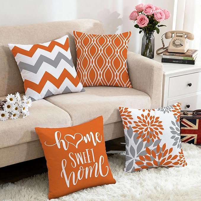Hexagram Geometric Orange Pillow Covers 18x18 Set of 4, Decorative Outdoor Boho Modern Throw Pillow Covers, Home Sweet Home Farmhouse Cushion Case for Couch Sofa Bedroom Indoor Decor(No Insert)