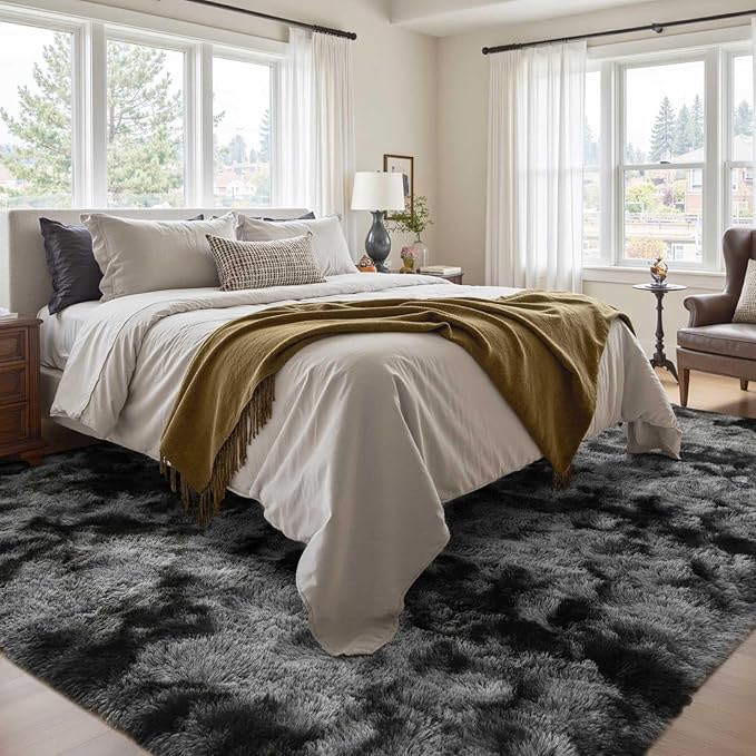 4x6 Ft Shag Rugs for Bedroom Living Room, Tie-Dyed Ultra Soft Fluffy Furry Area Rugs for Indoor Floor, Aesthetic Carpet for Kids Home Decor (Dark Grey)