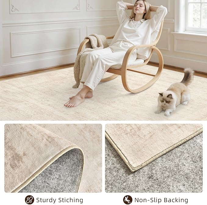5x7 Area Rugs for Living Room: Vintage Boho Neutral Washable Rug Indoor Soft Large Area Rug Carpet for Bedroom Nursery Farmhouse Dining Room Office Floor Non-Slip Low Pile Under Table Rug Retro Beige