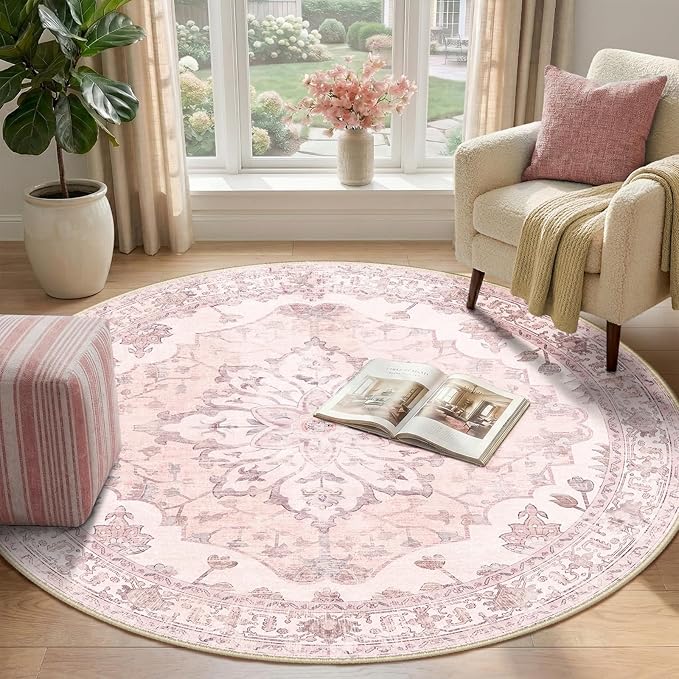 Area Rugs 4ft Washable Non-Slip, Floral Vintage Distress Print Pattern Medallion Carpet for Living Room Bedroom Dining Room, Pink Greypink Cute
