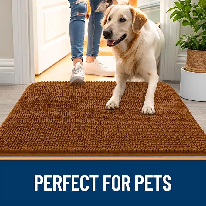 OLANLY Dog Door Mat for Muddy Paws 32x20, Absorbs Moisture and Dirt, Absorbent Non-Slip Washable Doormat, Quick Dry Chenille Mud Mat for Dogs, Entry Indoor Entryway Carpet for Inside Floor, Ochre