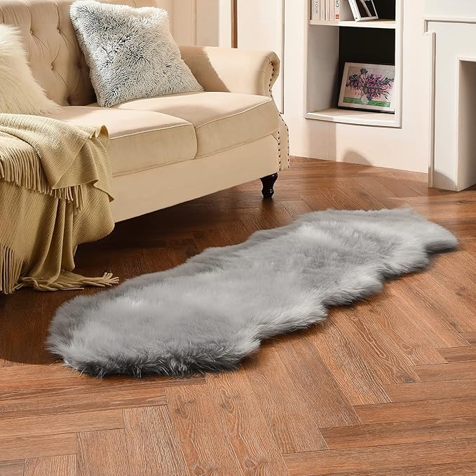 duduta Grey Faux Sheepskin Runner Rugs 2x6 ft, Fluffy Shag Bedroom Rug Decor Fur Couch Sofa Covers Washable