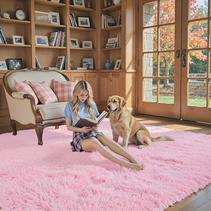 Rugs for Living Room 8x10, Alfombras para Salas Fluffy Shag Large Fuzzy Plush Soft Area Rug, Shaggy Carpets for Bedroom, Kids Boys Girls Home Decor Aesthetic(8 x 10, Pink)