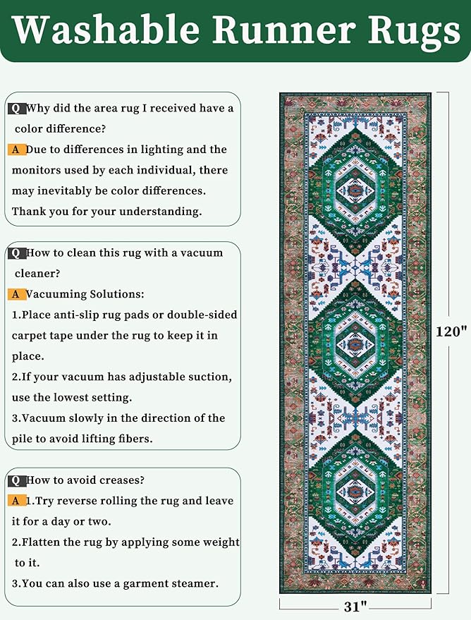SERISSA Runner Rug for Hallways, 2'6"x10' Washable Non Slip Kitchen Runner Rug, Long Boho Rug Vintage Green White Hallway Stair Ultra Soft Print Floor Carpet for Bedroom Bathroom Laundry Room