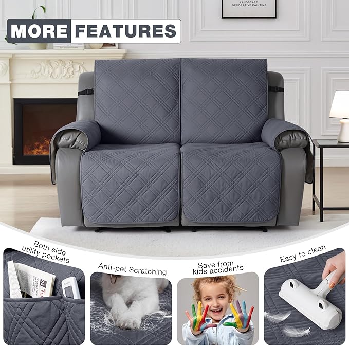 TAOCOCO 100% Waterproof Recliner Loveseat Covers 2 Seater, Split Loveseat Covers for Reclining loveseat, Non Slip Reclining Couch Cover with Double Straps for Kids, Pets(2 Seater, Dark Grey)
