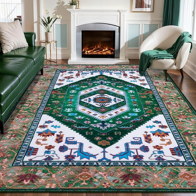 SERISSA Washable Rugs 8x10 Area Rugs, Large Non-Slip Boho Living Room Rug, Ultra Soft Oriental Vintage Green White Print Distressed Carpet for Dining Room Bedroom Dorm Office Home Decor