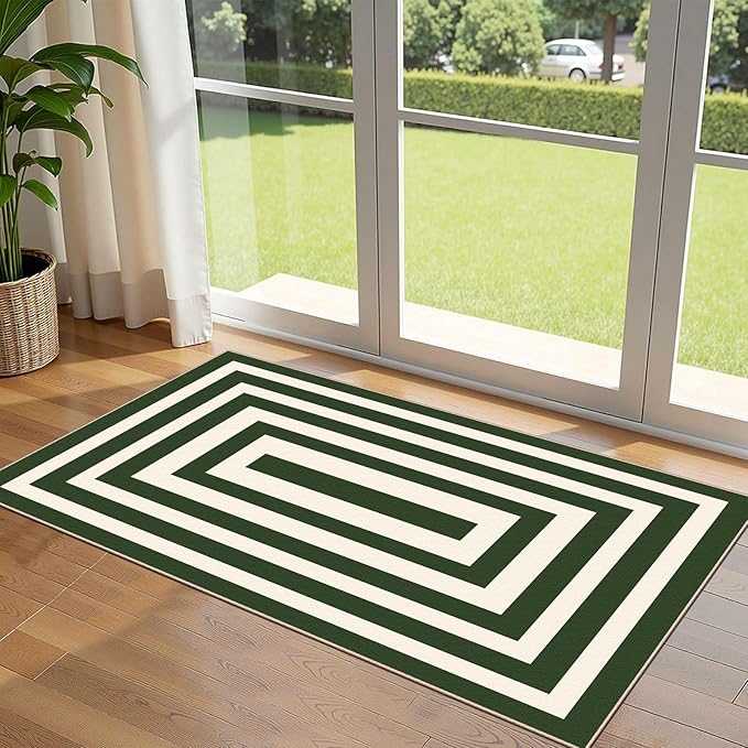 Front Door Mat Indoor Entrance - 2x4.3 Ft Modern Washable Spring Outdoor Door Mat for Layering Porch Rug Non-Slip Green White Geometric Runner Rug for Kitchen Bedroom Laundry Room Porch Decor