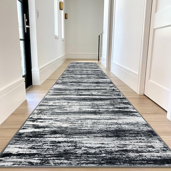KOZYFLY Modern Abstract Washable Rug Runner 2.6x12 Hallway Rug Runner Non-Slip Soft Kitchen Runner Rugs, Black Navy Blue Grey Striped Carpet for Entryway Bathroom Laundry Room Foyer
