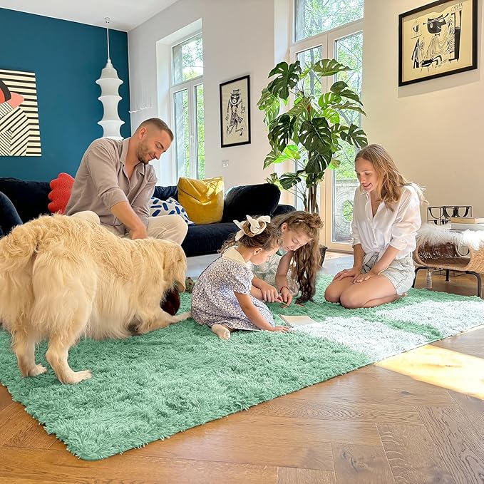 OLANLY 9x12 Machine Washable Large Area Rugs for Living Room, Bedroom, Soft Fluffy Shaggy Bedside Rug, Indoor Floor Carpet for Kids Girls and Boys, Dorms, Nursery, Home Decor Aesthetic, Mint Green