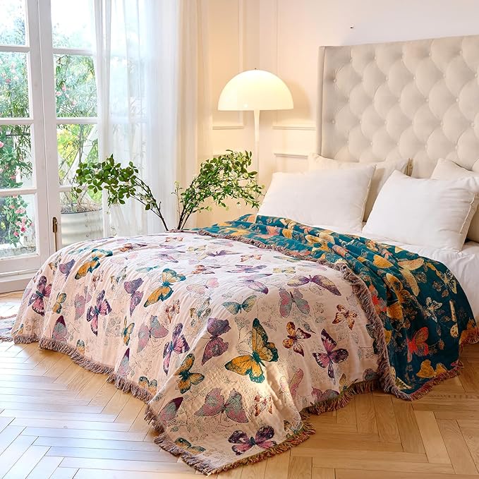 MSGKV Boho Throw Blanket for Bed Cotton Butterfly Twin Size Couch Blanket 60"x80" Muslin Spring Breathable All Seasons Lightweight Farmhouse Blankets