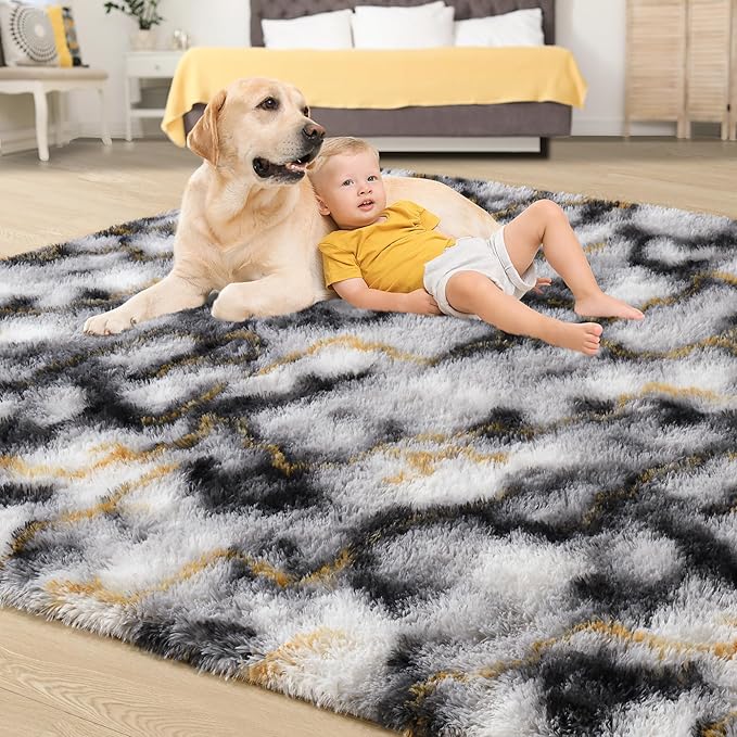 Tepook Fluffy Large Rugs for Living Room, Area Rug 6x9 Soft Carpet for Bedroom, Modern Shaggy Rug for Kids Boys Girls, Plush Indoor Nursery Home Decor Rug with Non-Slip Bottom, White Black Gold