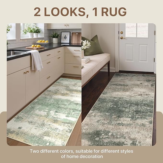 BEIMO Reversible 2'6"x6' Runner Rugs for Hallway, Modern Abstract Dual-Sided Runners for Entryway, Machine Washable Soft Low Pile Kitchen Runner, Includes Non-Slip Rug Pad, Green & Grey