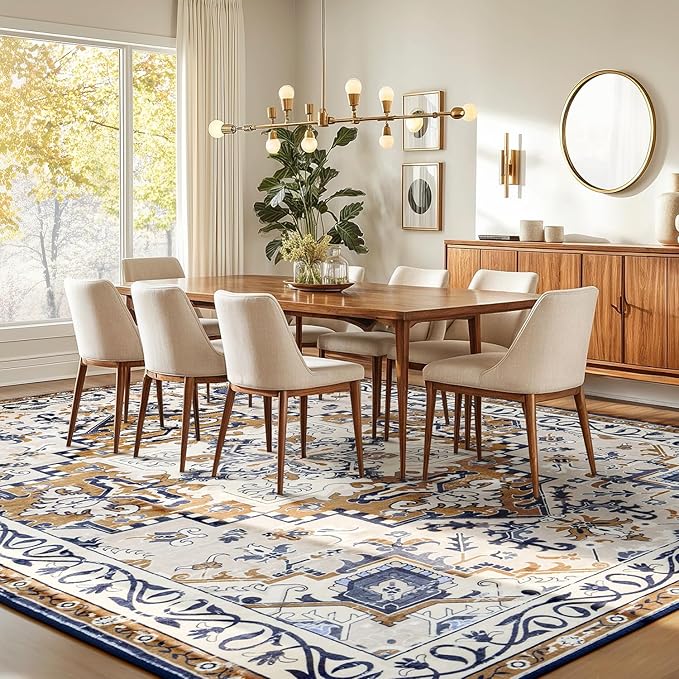 Rugflix 9x12 Area Rug for Living Room, Machine Washable Area Rugs with Non-Slip Backing, Large Soft Boho Vintage Rug for Bedroom, Dining Room, Low Pile Carpet, Kids Pet Friendly, Brown Beige