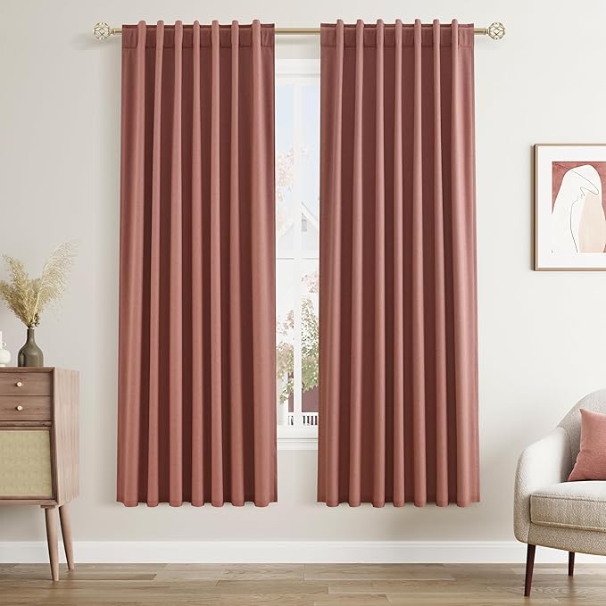 Dusty Rose 100% Blackout Linen Curtains 72 Inch Length 2 Panels Set for Girls Bedroom Back Tab Thermal Insulated Black Out Drapes Room Darkening Farmhouse Style for Bedroom Window Curtains 52x72