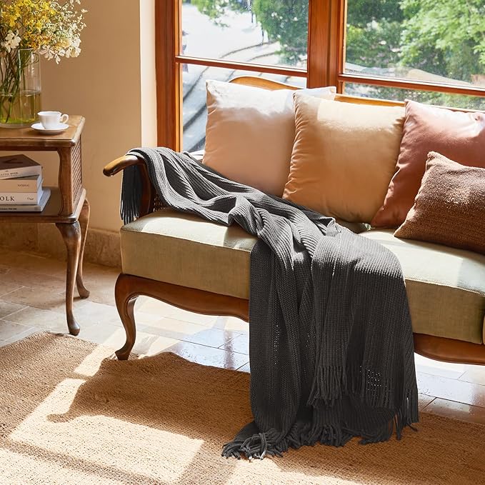 lifein Throw Blanket for Couch, Soft Boho Decor Bed Throw,Cozy Grey Knitted Chenille Small Farmhouse Lightweight Throw (Dark Grey,60 * 80")