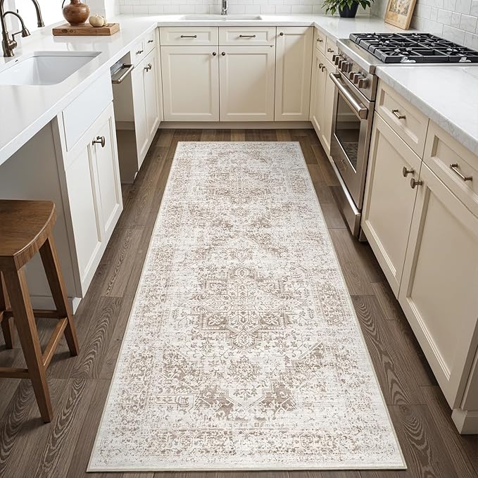 2x6 Washable Hallway Runner Rug - Non Slip Kitchen Runner Rugs with Rubber Backing Vintage Low-Pile Carpet Runners for Entryway Dining Room Laundry Room Home Decor (Cream/Camel)