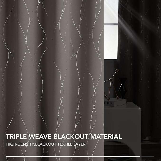 Deconovo Blackout Curtains, Thermal Insulated Soundproof Grommet Drapes, Wave Dots Silver Print, 42 x 45 Inch, Set of 2, Machine Washable Window Panel for Kitchen Bedroom Living Room Nursery, Taupe