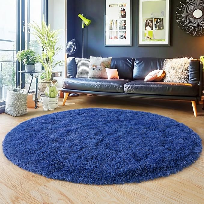 5'x5' Blue Round Rug for Bedroom, Ultra Soft Fluffy Circle Rug for Kids Girls Boys Room, Cute Shag Rugs for Living Room Playroom Teen Room Home Decor Rug