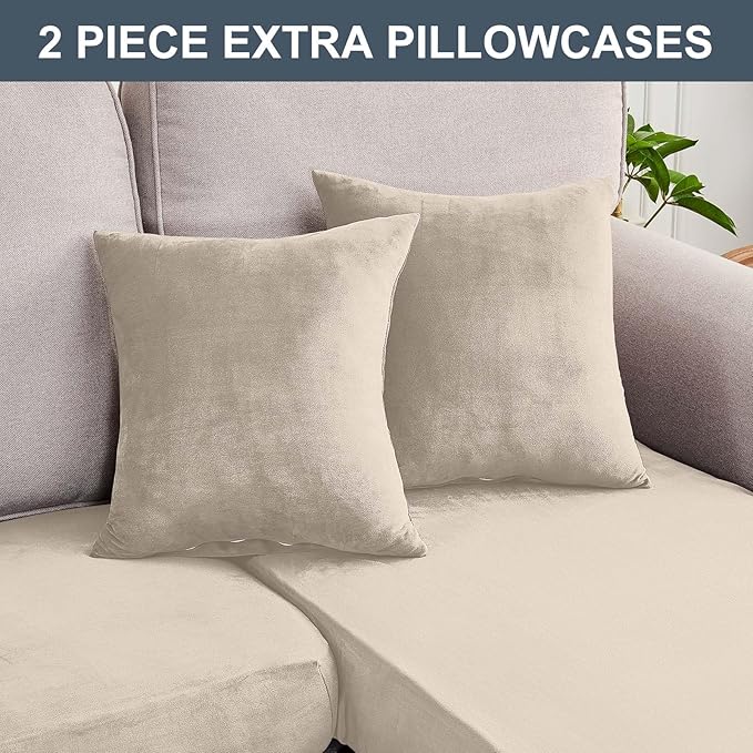 Couch Cover 4-Piece Elastic Velvet Couch Cushion Covers & Chaise Slipcovers for L-Shaped Sofas - Sofa Seat Covers Washable, Soft Protector for Couches (3 Seater + Chaise, Cream)