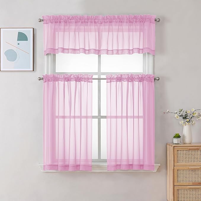 Chyhomenyc Pink Curtains Over Sink 36 Inch Length 2 Panels, Light Filtering Short Rod Pocket Voile Sheer Drapes for Bathroom Living Room Small Windows, Each 42W x 36L inches