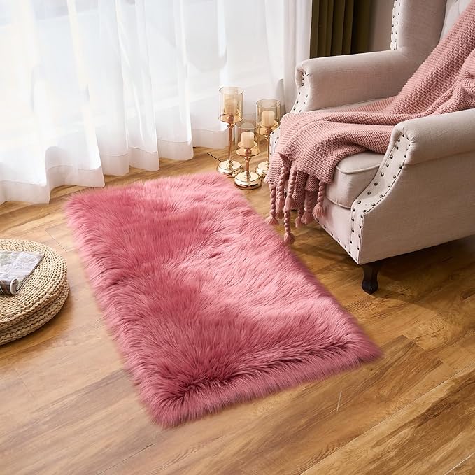 EasyJoy Ultra Soft Fluffy Shaggy Area Rug Faux Fur Rug Chair Cover Seat Pad Fuzzy Area Rug for Bedroom Floor Sofa Living Room (2 x 4 ft Rectangle, BlushPink)