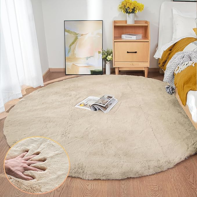 ORINOVA Round Rugs 8ft Shag Washable Fluffy Area Rugs for Bedroom Light Brown Beige Large Circle Faux Rabbit Shaggy Fur Rug for Living Room Nursery Rug