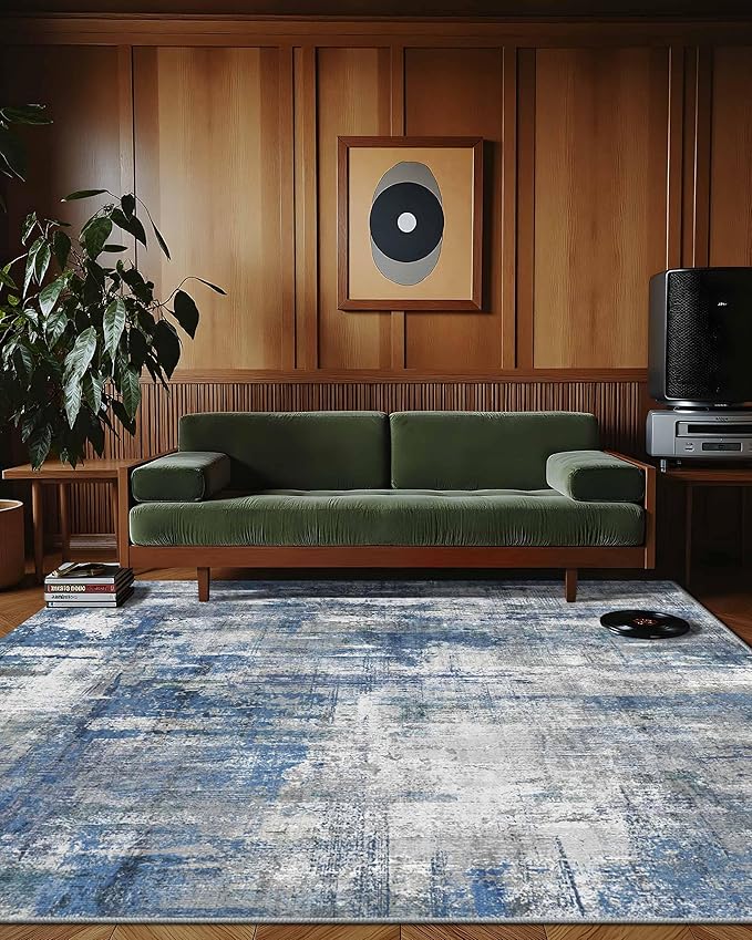 Latte&Fog 8x10 Area Rugs for Living Room, Large Blue Modern Abstract Washable Rug, Boho Non Slip Low Pile Carpet for Bedroom Dining Room, Office, Dorm, Classroom, Farmhouse and Kids Room - Blue Grey