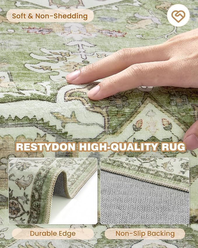 Runner Rug 2x6, Non Slip Washable Rugs for Laundry Room, Runners for Hallways, Low Pile Vintage Soft Rugs for Living Room, Kitchen Bathroom,Bedroom Rug(Light Green,2'x6')