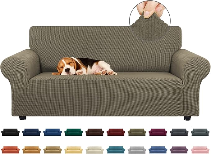 KEKUOU Stretch Loveseat Sofa Cover Slipcover,Couch Covers for 2 Cushion Couch Sofa (55"-78") Furniture Protector Sofa with Elastic Bottom for Kids,Dog. Jacquard Small Checked (Medium,Khaki)