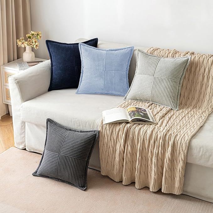 MIULEE Decorative Throw Pillow Covers for Couch Bed Livingroom 20x20 Inch Set of 2 Light Blue Boho Accent Throw Pllows Broadside Striped Patchwork Soft Corduroy Pillowcases