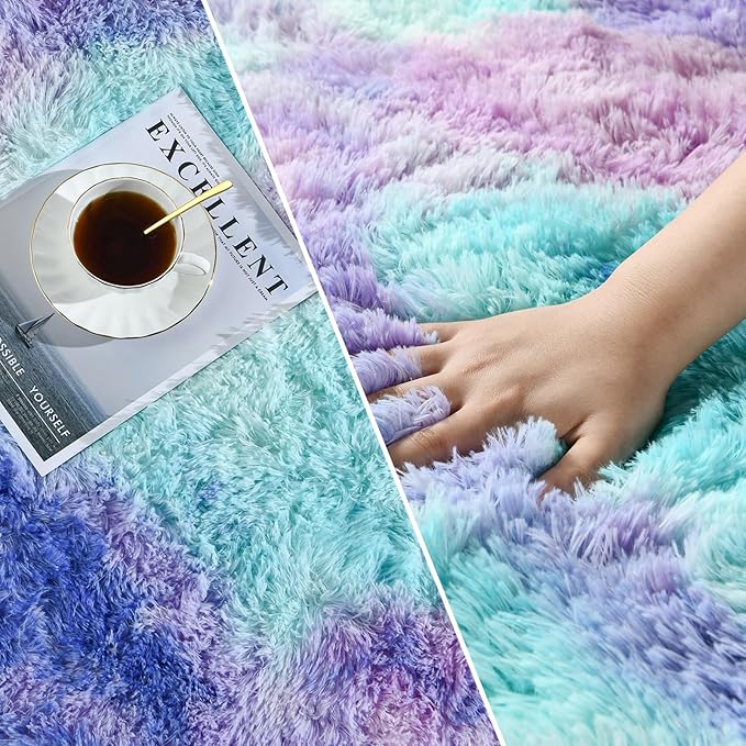 Deerhoo Large Shag Area Rugs 5 x 8, Tie-Dyed Plush Fuzzy Rugs for Living Room, Ultra Soft Fluffy Furry Rug for Bedroom, Indoor Carpet Nursery Rugs for Kids Room Home Decor, Rainbow