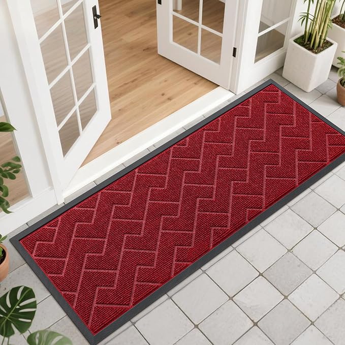 OLANLY Front Door Mat Indoor Outdoor Entrance, Waterproof All-Season, All-Weather Doormat, Sturdy Natural Rubber, Low Profile, Easy Clean Patio Porch Entryway Mat, Herringbone Brick (Wine Red, 47x17)