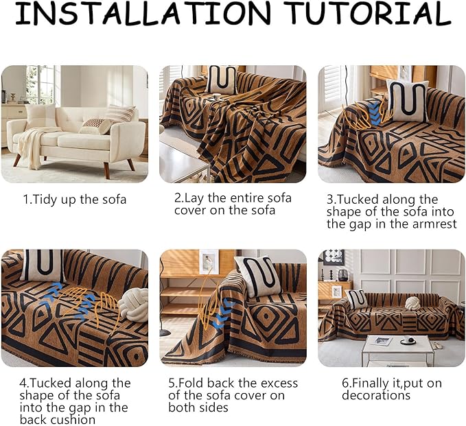 HANDONTIME Boho Geometric Couch Covers for Sofa Pet Friendly Brown and Black Sofa Covers Washable Chenille Couch Blanket Cover for 2 3 Cushion Couches Pet Protector Furniture Cover Soft, 71" X 118"