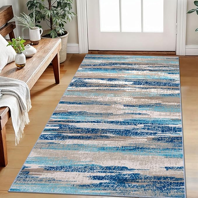 Lansny Abstract Area Rug 3x5 Washable Rugs for Entryway, Non Slip Kitchen Rug Printed Faux Wool Throw Rugs, Soft Floor Carpet Front Door Rug, Door Mat for Entry Entrance Bedroom Office, Blue