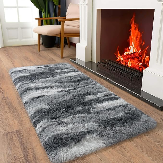 Soft Runner Rugs for Bedroom Hallways, 2x4 Abstract Grey Fluffy Shag Throw Area Rug Non Slip for Bedside Dorm, Long Shaggy Furry Carpet for Nursery Living Room