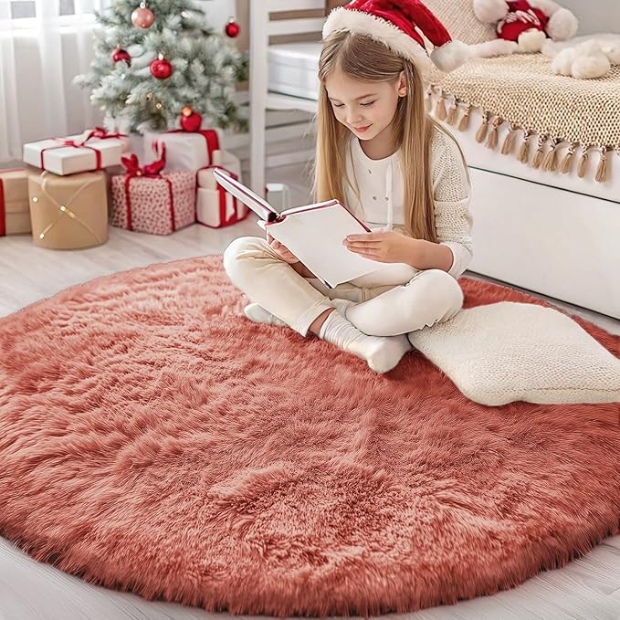 OLANLY Rust Red Round Rugs for Bedroom - Machine Washable, 4 ft Circle Area Rugs for Living Room, Soft and Fluffy Shaggy Carpet for Teen Girl and Boys, Nursery Rooms, Dorms, Home Decor Aesthetic