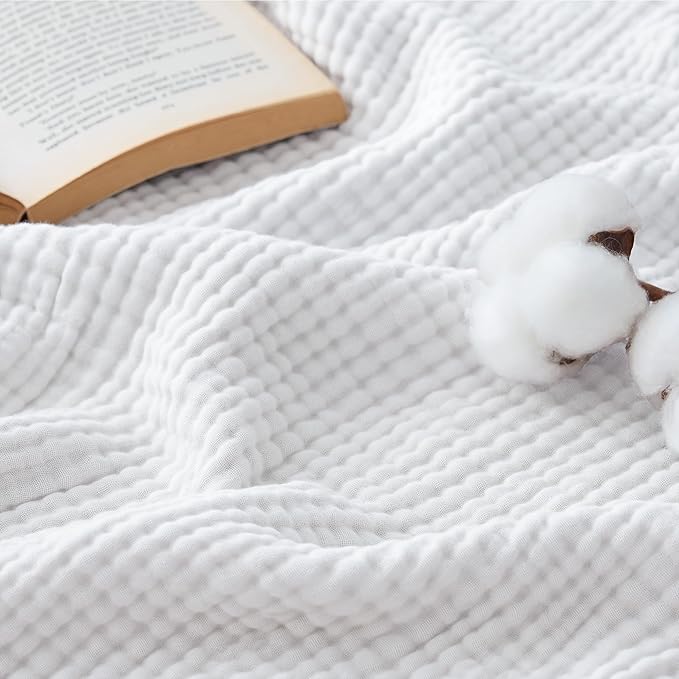 Bedsure 100% Cotton Muslin Throw Blanket Twin XL for Bed - 4-Layer Breathable and Lightweight Thin Soft Summer Gauze Muslin Blankets for Adults, White, 66x90 Inches