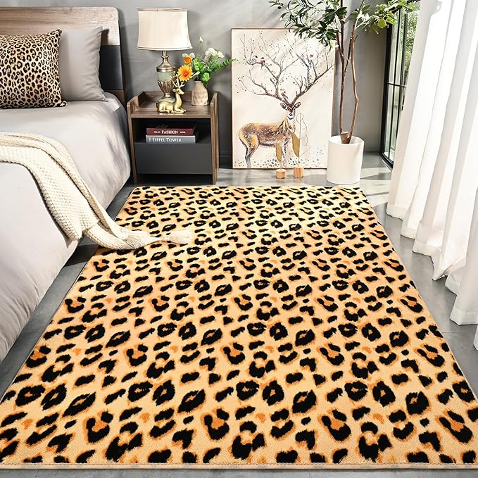 Amearea Soft Leopard Rugs for Bedroom Living Room, 4x6 Modern Cheetah Print Thickened Memory Foam Rug, Fluffy Indoor Washable Animal Rug Carpet for Kids Boys Girls Dorm Nursery Room Home Decor, Khaki